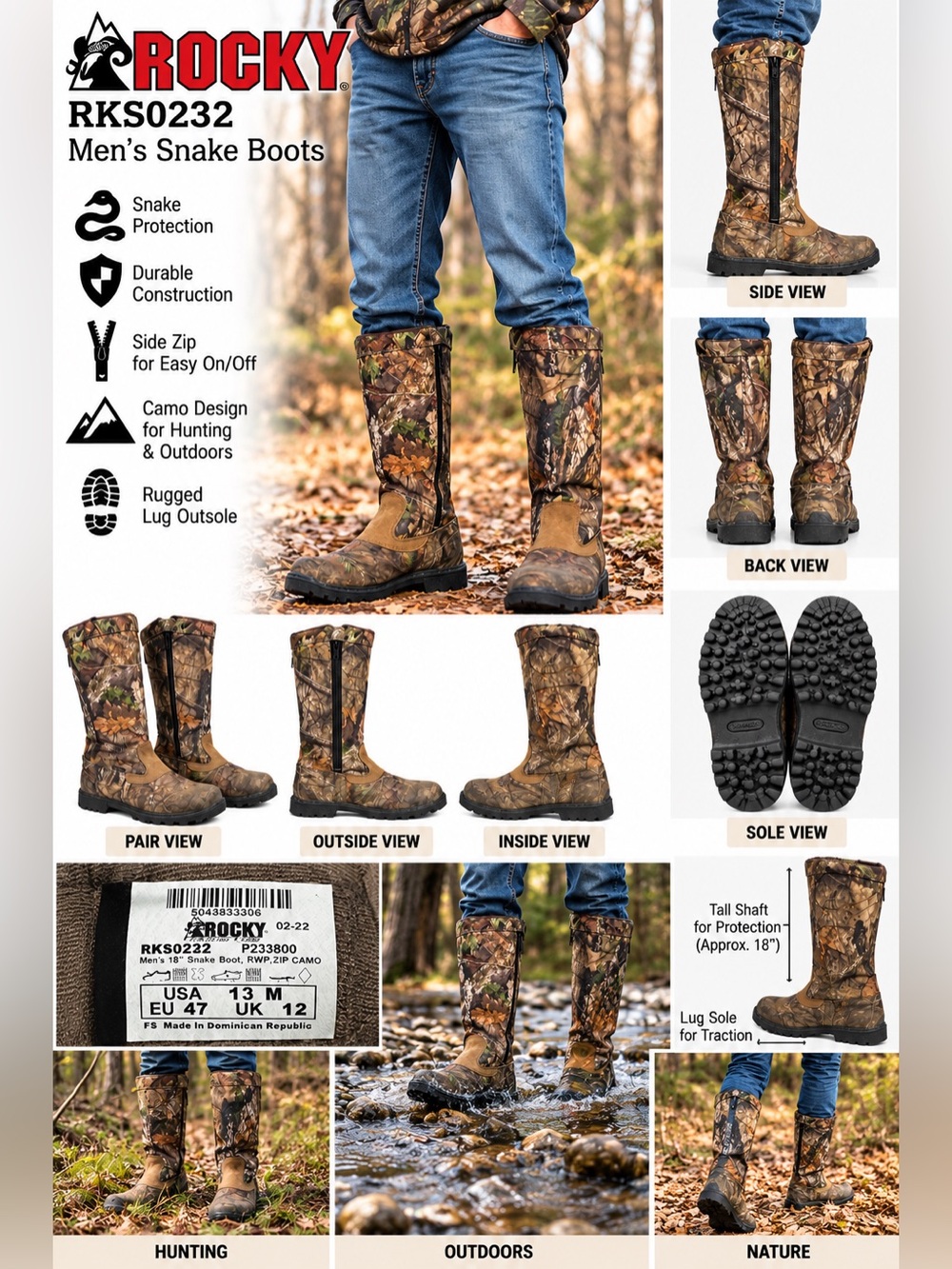Rocky RKS0232 Men’s Snake Boots Size 13 M Camo Hunting Side Zip Outdoor